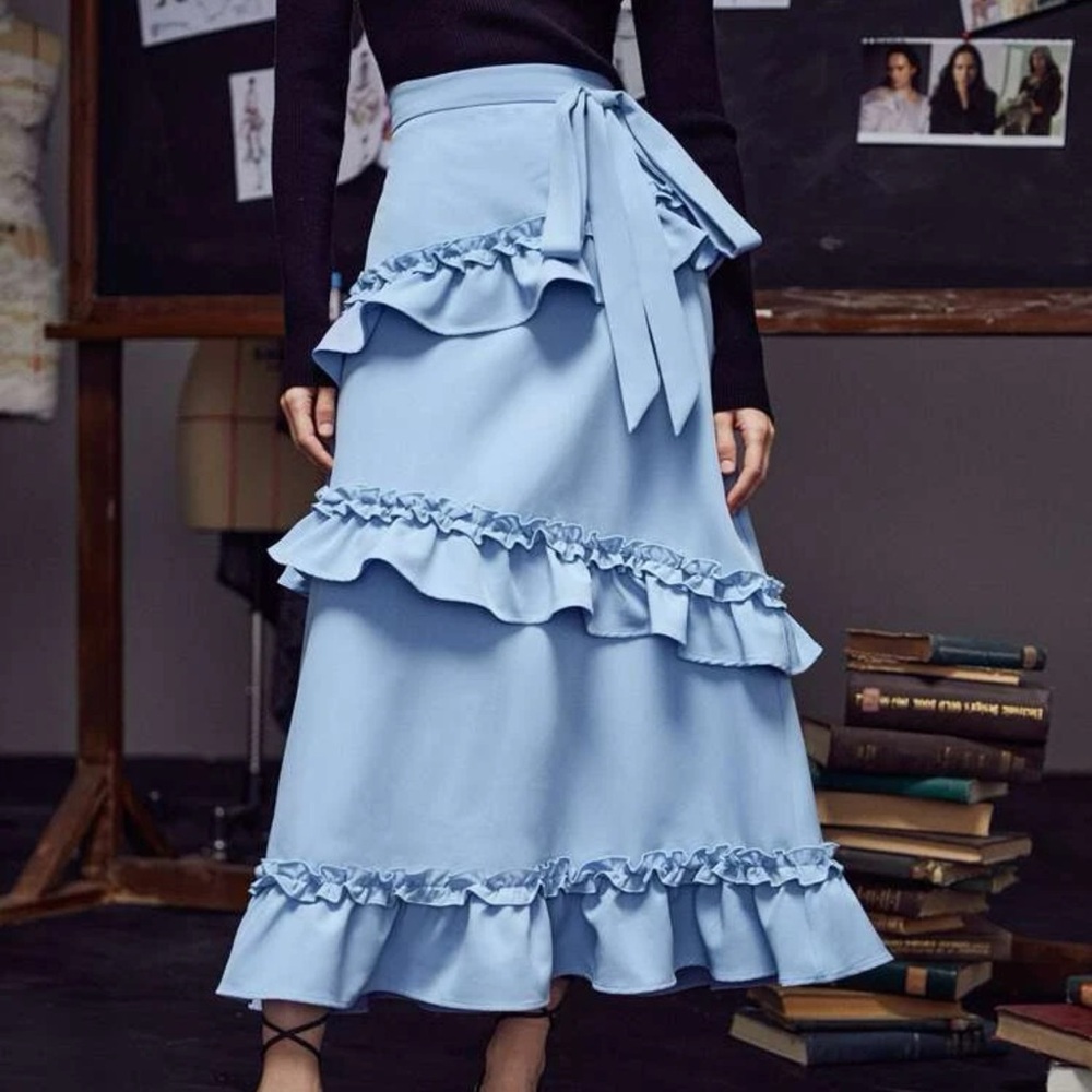 Pompi García Dusty Blue Ruffle Knot Front Maxi Skirt | XS | NWT - Picture 3 of 3